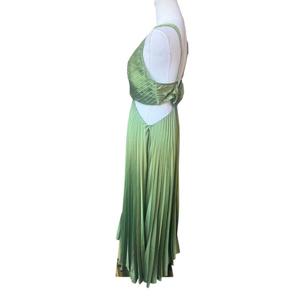 Abercrombie & Fitch Pleated Green Cut Out Maxi Dress Sz L Deep V Satin Goddess - Picture 4 of 8
